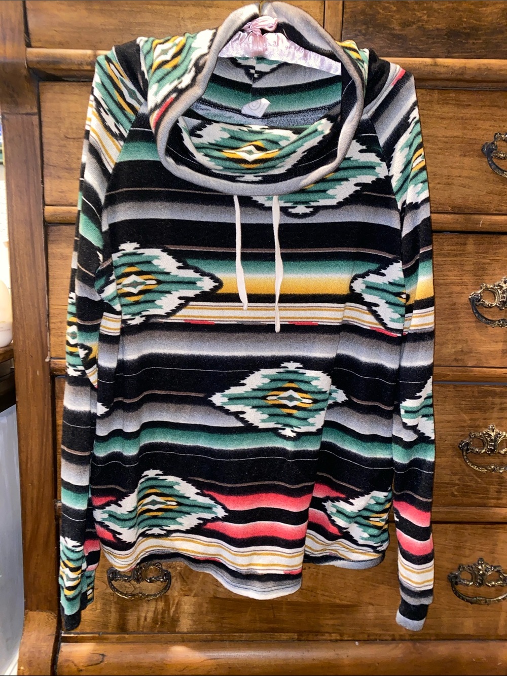 Southwestern Stripe Cowl Neck Hoodie - Black, Teal, Pink, Yellow